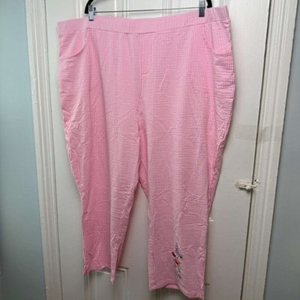 Quacker Factory Seersucker Crop Pants Womens 3X Pink Floral Bee Embroidered NWOT